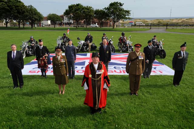 South Tyneside Armed Forces Day 2020.
The Mayor of South Tyneside Councillor Norman Dick is pictured with Chairman of South Tyneside Armed Forces Forum Councillor Ed Malcolm, Deputy Lieutenant of Tyne and Wear Col. Ann Clouston, Capt. James Foster of 205 Battery and Army Veteran and NAAFI Break organiser Joe Mills.