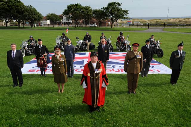 South Tyneside Armed Forces Day 2020. 
The Mayor of South Tyneside Councillor Norman Dick is pictured with Chairman of South Tyneside Armed Forces Forum Councillor Ed Malcolm, Deputy Lieutenant of Tyne and Wear Col. Ann Clouston, Capt. James Foster of 205 Battery and Army Veteran and NAAFI Break organiser Joe Mills.