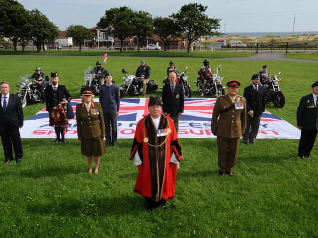 South Tyneside Armed Forces Day 2020. 
The Mayor of South Tyneside Councillor Norman Dick is pictured with Chairman of South Tyneside Armed Forces Forum Councillor Ed Malcolm, Deputy Lieutenant of Tyne and Wear Col. Ann Clouston, Capt. James Foster of 205 Battery and Army Veteran and NAAFI Break organiser Joe Mills.