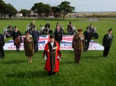 South Tyneside Armed Forces Day 2020. 
The Mayor of South Tyneside Councillor Norman Dick is pictured with Chairman of South Tyneside Armed Forces Forum Councillor Ed Malcolm, Deputy Lieutenant of Tyne and Wear Col. Ann Clouston, Capt. James Foster of 205 Battery and Army Veteran and NAAFI Break organiser Joe Mills.
