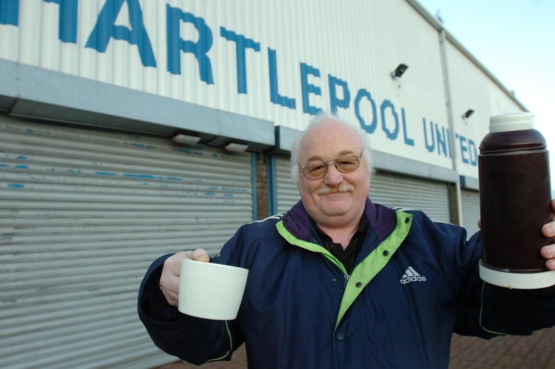 Poolie Harry Henderson is armed with his flask while waiting to buy tickets for Hartlepool United's FA Cup clash with West Ham United in 2009.