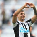 Newcastle United's Brazilian midfielder Bruno Guimaraes celebrates on the pitch after the English Premier League football match between Newcastle United and Leicester City at St James' Park in Newcastle-upon-Tyne, north east England on April 17, 2022. (Photo by LINDSEY PARNABY/AFP via Getty Images)