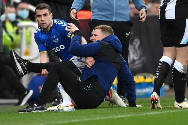 Everton defender Seamus Coleman and Newcastle United head coach Eddie Howe at St James's Park in February.