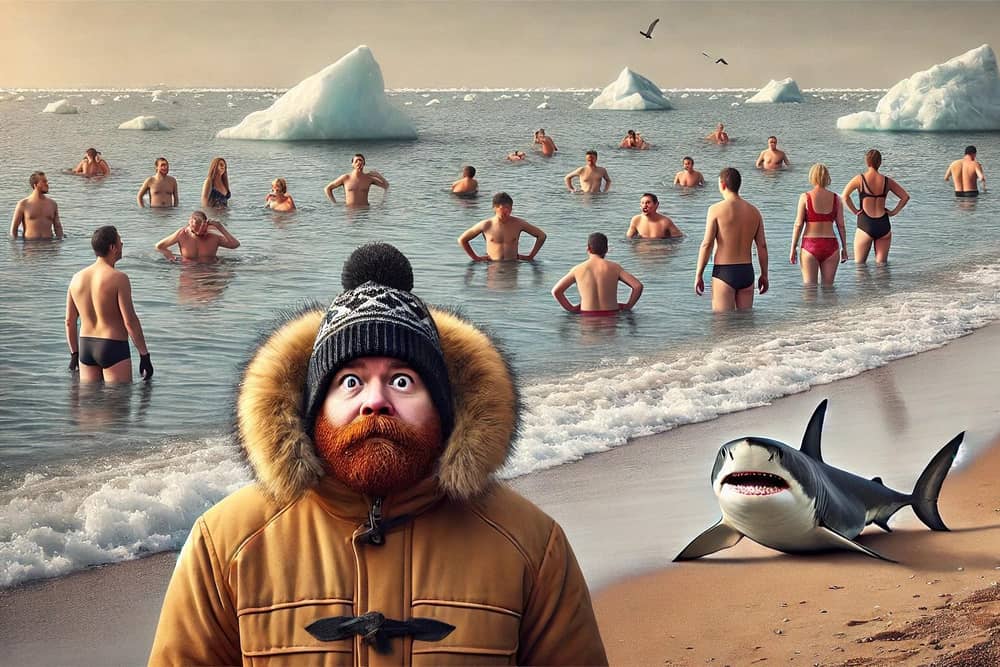 Sharks, ice, bacteria... nothing will keep the cold water bathers from their daily dip.  Image produced by AI image generator Dall-E