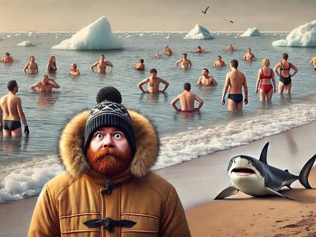 Sharks, ice, bacteria... nothing will keep the cold water bathers from their daily dip.  Image produced by AI image generator Dall-E