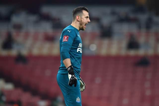Newcastle United's Slovakian goalkeeper Martin Dubravka gestures during the English FA Cup third round football match between Arsenal and Newcastle United at the Emirates Stadium in London on January 9, 2021.
