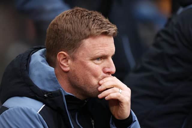 Eddie Howe, Manager of Newcastle United, looks on prior to the Premier League match between Newcastle United and Wolverhampton Wanderers at St. James Park on March 12, 2023 in Newcastle upon Tyne, England. (Photo by Naomi Baker/Getty Images)