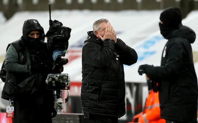 Steve Bruce, manager of Newcastle United, reacts during the Premier League match between Newcastle United and Crystal Palace at St. James Park on February 02, 2021.