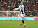 Jeff Hendrick of Newcastle United celebrates after scoring their side's first goal during the Premier League match between Wolverhampton Wanderers and Newcastle United at Molineux on October 02, 2021 in Wolverhampton, England. (Photo by Naomi Baker/Getty Images)