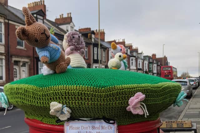 The knitted Beatrix Potter scene, which has appeared on a postbox in South Shields