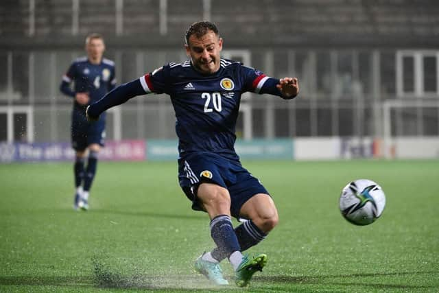 Scotland's forward Ryan Fraser kicks the ball during the FIFA World Cup Qatar 2022 qualification Group F football match between Faroe Islands and Scotland, in the Torsvollur stadium in Torshavn, Faroe Islands, on October 12, 2021. (Photo by Jonathan NACKSTRAND / AFP) (Photo by JONATHAN NACKSTRAND/AFP via Getty Images)