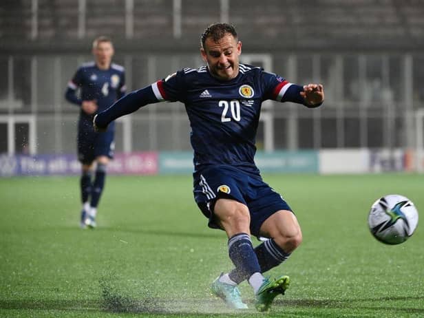 Scotland's forward Ryan Fraser kicks the ball during the FIFA World Cup Qatar 2022 qualification Group F football match between Faroe Islands and Scotland, in the Torsvollur stadium in Torshavn, Faroe Islands, on October 12, 2021. (Photo by Jonathan NACKSTRAND / AFP) (Photo by JONATHAN NACKSTRAND/AFP via Getty Images)