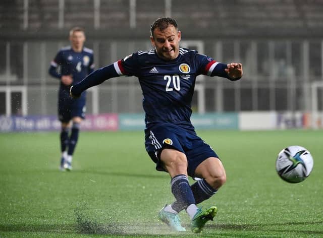 Scotland's forward Ryan Fraser kicks the ball during the FIFA World Cup Qatar 2022 qualification Group F football match between Faroe Islands and Scotland, in the Torsvollur stadium in Torshavn, Faroe Islands, on October 12, 2021. (Photo by Jonathan NACKSTRAND / AFP) (Photo by JONATHAN NACKSTRAND/AFP via Getty Images)