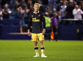 Jack Young of Newcastle United looks dejected during the Papa John's EFL Trophy Group match between Sheffield Wednesday and Newcastle United U21's at Hillsborough on August 31, 2021 in Sheffield, England. (Photo by George Wood/Getty Images)