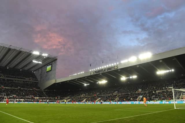 A general view of St James' Park as dusk arrives during the Premier League match between Newcastle United and Watford at St. James Park on January 15, 2022 in Newcastle upon Tyne, England. (Photo by Stu Forster/Getty Images)