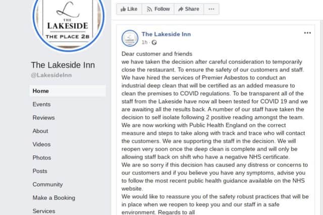 The message to customers on The Lakeside Inn Facebook page confirmed the temporary closure.