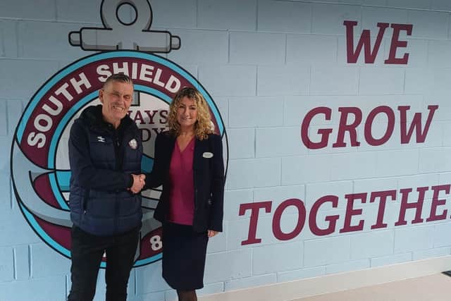 South Shields FC commercial director Carl Mowatt and Specsavers South Shields director Mel Moore.