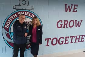 South Shields FC commercial director Carl Mowatt and Specsavers South Shields director Mel Moore.