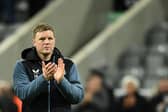 Newcastle United head coach Eddie Howe applauds at the final whistle.