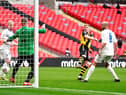 Hebburn Town's Thomas Potter (centre) shoots towards goal during the Buildbase FA Vase 2019/20 Final at Wembley Stadium, London. PA.