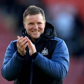 SOUTHAMPTON, ENGLAND - NOVEMBER 06: Eddie Howe the manager of Newcastle United celebrates in front of the Newcastle supporters after the Premier League match between Southampton FC and Newcastle United at Friends Provident St. Mary's Stadium on November 06, 2022 in Southampton, England. (Photo by David Cannon/Getty Images)