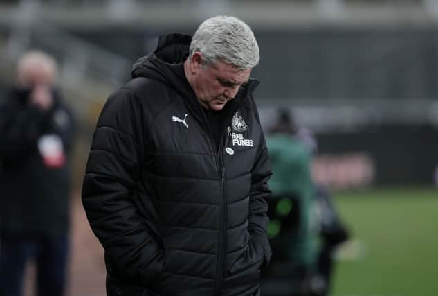 Steve Bruce, manager of Newcastle United, looks on prior to the Premier League match between Newcastle United and Wolverhampton Wanderers at St. James Park on February 27, 2021.