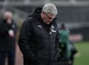 Steve Bruce, manager of Newcastle United, looks on prior to the Premier League match between Newcastle United and Wolverhampton Wanderers at St. James Park on February 27, 2021.