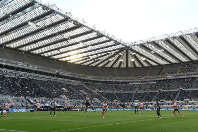A general view of St James' Park during its first game back with fans during the Premier League match between Newcastle United and Sheffield United at St. James Park on May 19, 2021 in Newcastle upon Tyne, England. (Photo by Stu Forster/Getty Images)