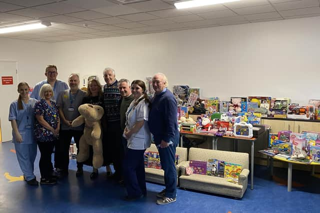 Viv Watts of Hope 4 Kidz at Sunderland Royal Hospital with ex Sunderland players Micky Horswill, Trevor Swinburne and Peter Stronach.