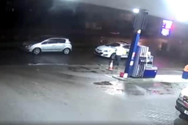 CCTV showed the moment Karl Molyneaux was arrested by Northumbria Police in the forecourt of a garage.
