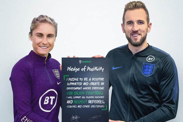 England captains Steph Houghton and Harry Kane.