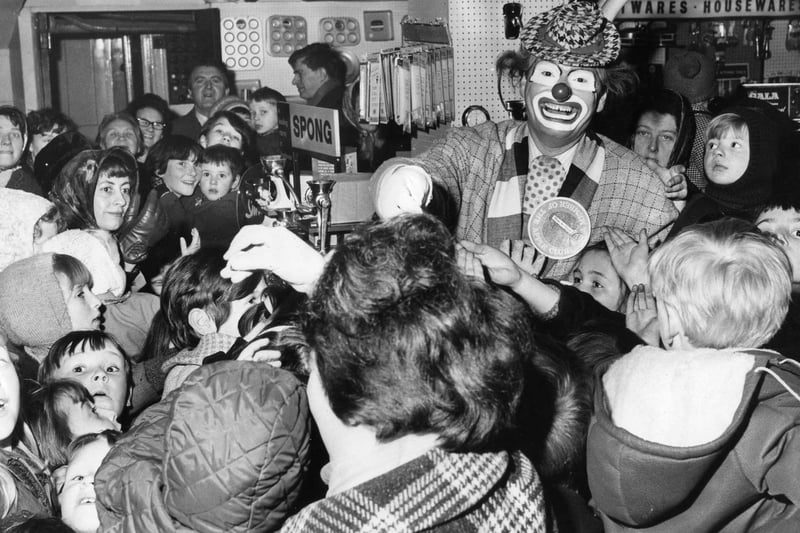 Mothers and children packed the toy department at Binns when Pierre the Clown visited in November 1966.