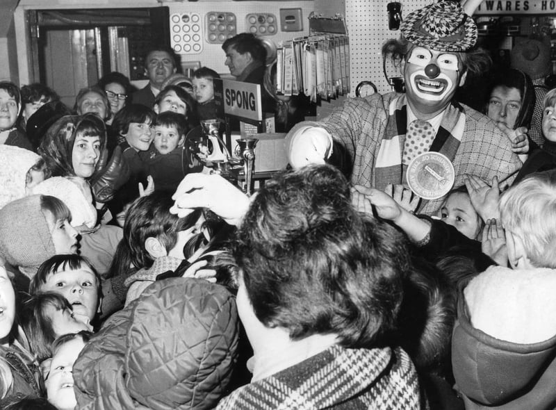 Mothers and children packed the toy department at Binns when Pierre the Clown visited in November 1966.