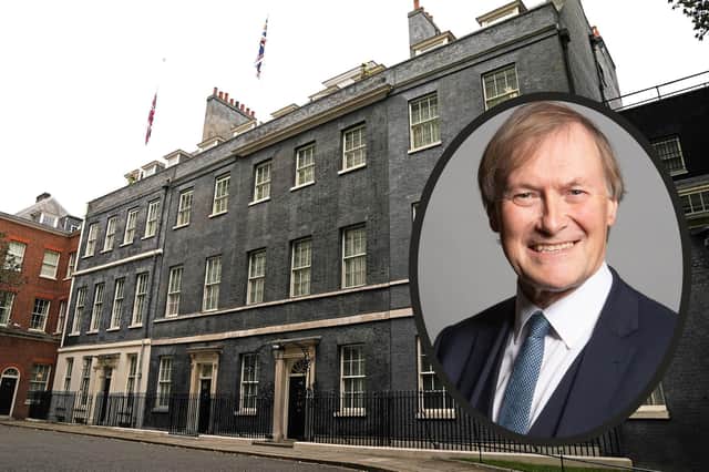 Sir David Amess, inset, who died on Friday, October 15 after being stabbed. Flags at Downing Street have been lowered to half mast.