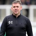 Hartlepool United manager Dave Challinor  during the Sky Bet League 2 match between Hartlepool United and Northampton Town at Victoria Park, Hartlepool on Saturday 9th October 2021. (Credit: Mark Fletcher | MI News)
