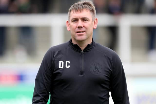 Hartlepool United manager Dave Challinor during the Sky Bet League 2 match between Hartlepool United and Northampton Town at Victoria Park, Hartlepool on Saturday 9th October 2021. (Credit: Mark Fletcher | MI News)