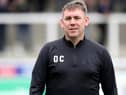 Hartlepool United manager Dave Challinor  during the Sky Bet League 2 match between Hartlepool United and Northampton Town at Victoria Park, Hartlepool on Saturday 9th October 2021. (Credit: Mark Fletcher | MI News)
