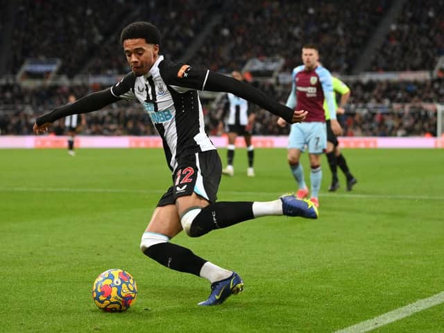 Newcastle player Jamal Lewis in action during the Premier League match between Newcastle United and Burnley at St. James Park on December 04, 2021 in Newcastle upon Tyne, England. (Photo by Stu Forster/Getty Images)