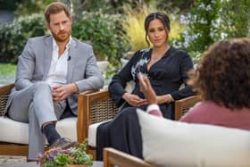 The Duke and Duchess of Sussex during their interview with Oprah Winfrey. Image by Joe Pugliese/Harpo Productions/PA.