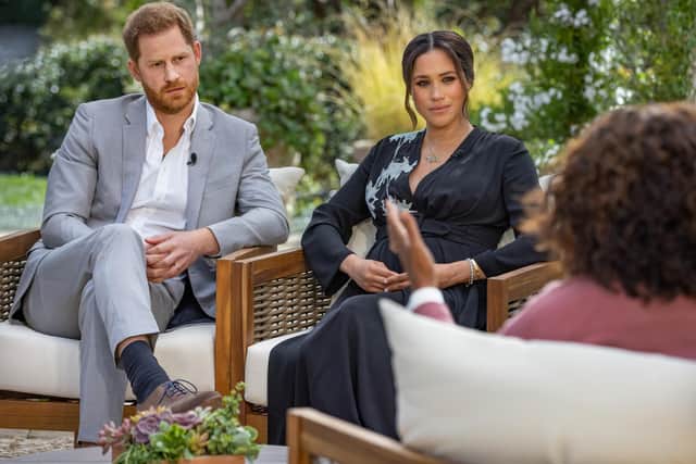 The Duke and Duchess of Sussex during their interview with Oprah Winfrey. Image by Joe Pugliese/Harpo Productions/PA.