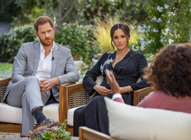The Duke and Duchess of Sussex during their interview with Oprah Winfrey. Image by Joe Pugliese/Harpo Productions/PA.