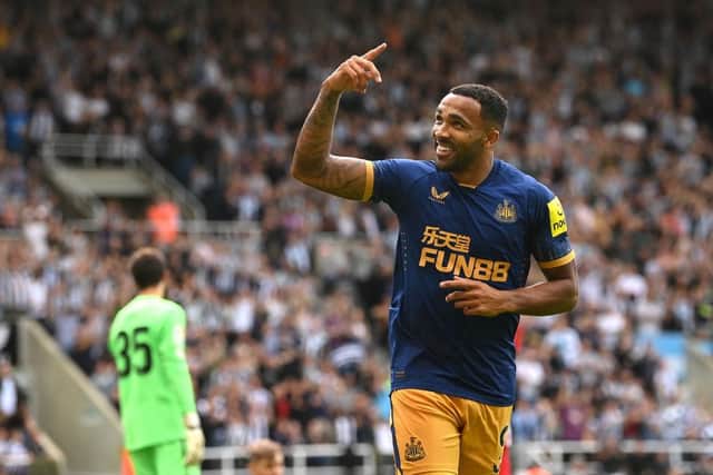 Newcastle striker Callum Wilson celebrates after scoring the opening goal during the pre season friendly match between Newcastle United and Athletic Bilbao at St James' Park on July 30, 2022 in Newcastle upon Tyne, England. (Photo by Stu Forster/Getty Images)