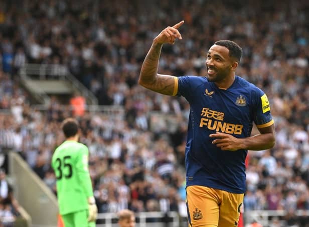 Newcastle striker Callum Wilson celebrates after scoring the opening goal during the pre season friendly match between Newcastle United and Athletic Bilbao at St James' Park on July 30, 2022 in Newcastle upon Tyne, England. (Photo by Stu Forster/Getty Images)