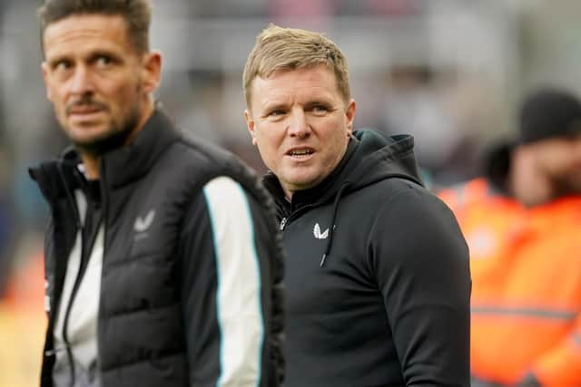 Newcastle United head coach Eddie Howe, right, and assistant Jason Tindall.