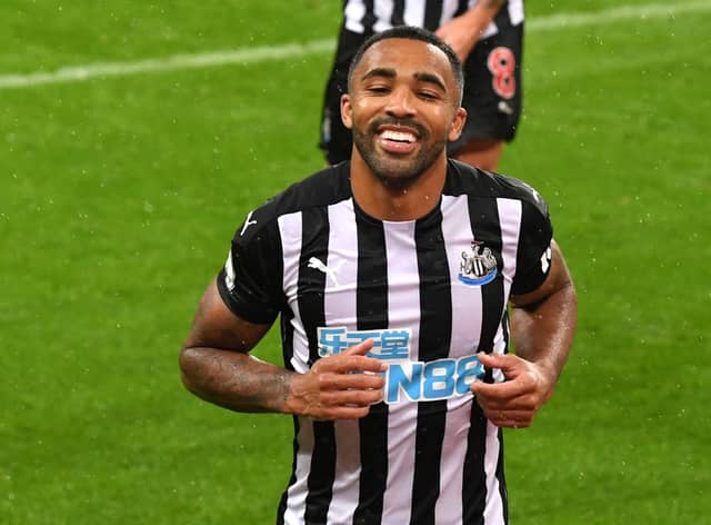 NEWCASTLE UPON TYNE, ENGLAND - OCTOBER 03: Callum Wilson of Newcastle United celebrates after scoring his team's third goal during the Premier League match between Newcastle United and Burnley at St. James Park on October 03, 2020 in Newcastle upon Tyne, England.