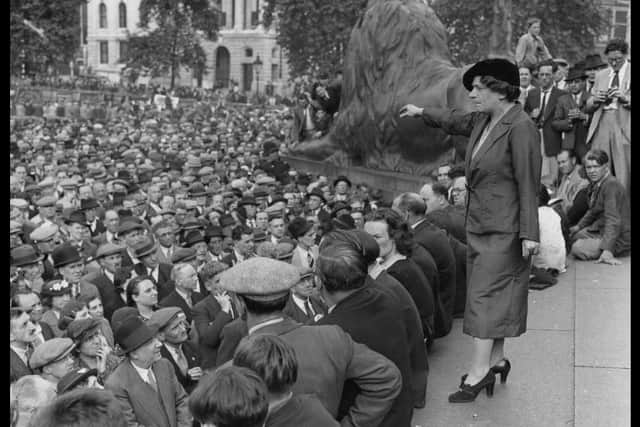 Jarrow MP Ellen Eilkinson addresses a crowd in Trafalgar Square in 1937. PA.