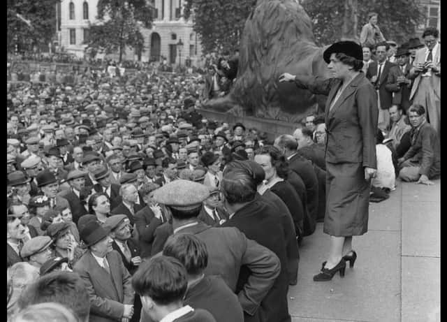 Jarrow MP Ellen Eilkinson addresses a crowd in Trafalgar Square in 1937. PA.
