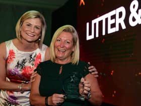 Litter & Laugh Walk founder Angela Todd (right) receives the 2019 Greener South Tyneside Award from Liz Davis, head of communications at the South Tyneside & Sunderland NHS Foundation Trust.