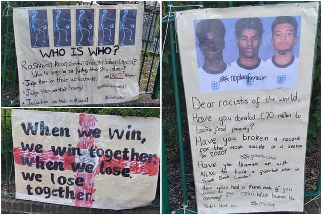 The posters tackling racism outside of Jarrow Cross C of E Primary School have been attracting a lot of attention from the community.
