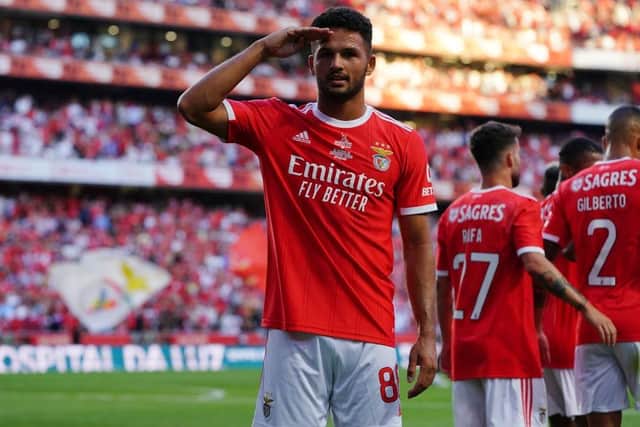 Goncalo Ramos of SL Benfica celebrates after scoring a goal during the Eusebio Cup match between SL Benfica and Newcastle United at Estadio da Luz on July 26, 2022 in Lisbon, Portugal. (Photo by Gualter Fatia/Getty Images)